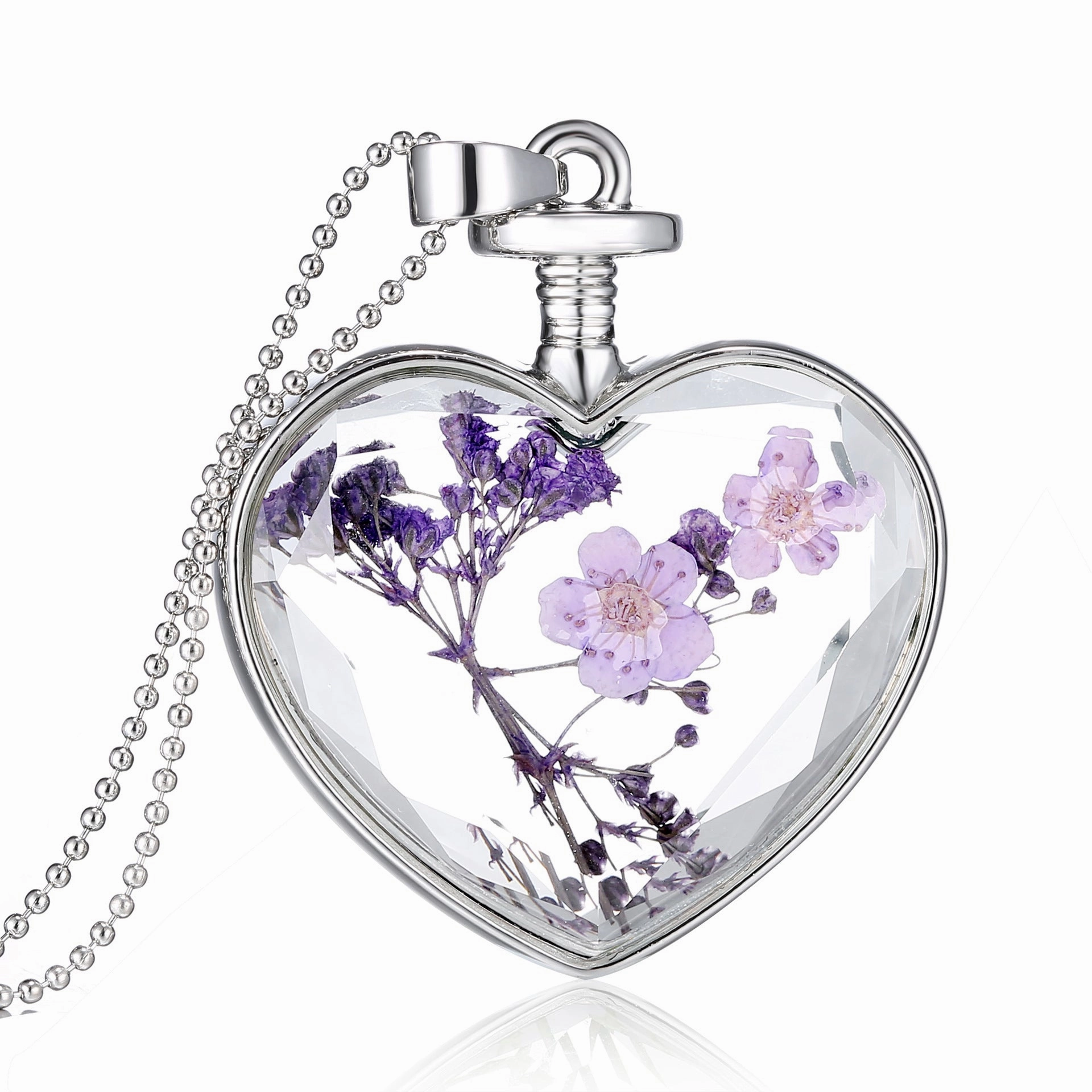 Wholesale Heart Pendant Flowers Heart Crystal Various Plant Dried Flowers Alloy Necklaces