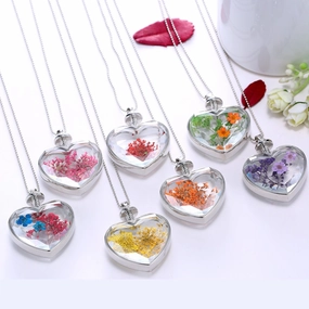 Wholesale Heart Pendant Flowers Heart Crystal Various Plant Dried Flowers Alloy Necklaces