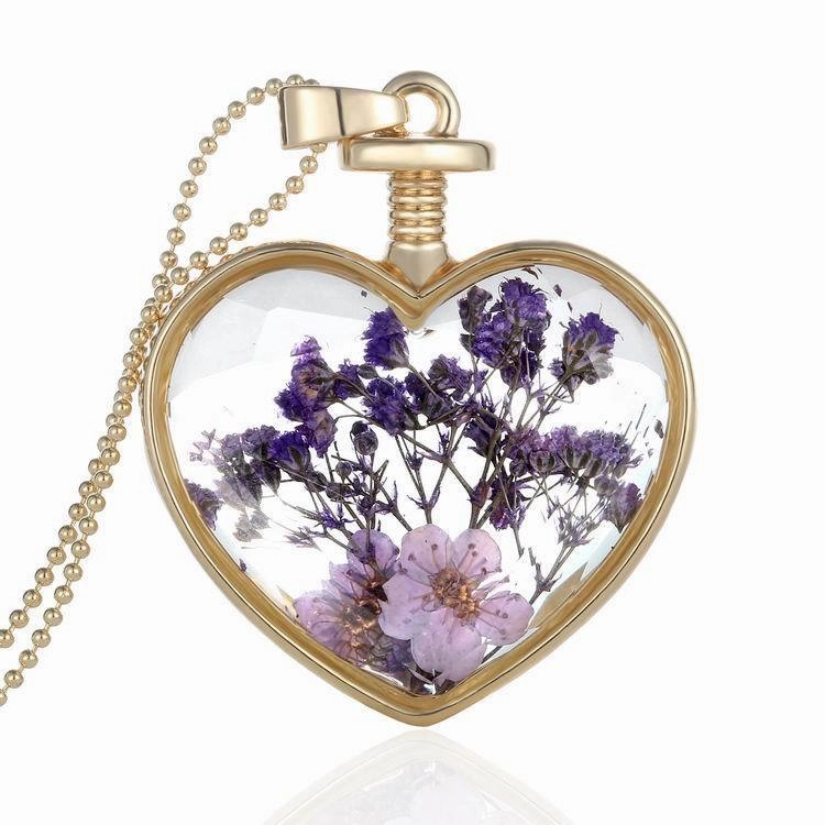 Wholesale Heart Pendant Flowers Heart Crystal Various Plant Dried Flowers Alloy Necklaces
