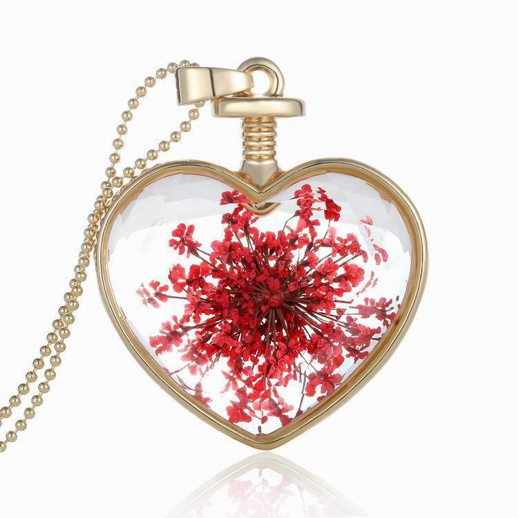 Wholesale Heart Pendant Flowers Heart Crystal Various Plant Dried Flowers Alloy Necklaces