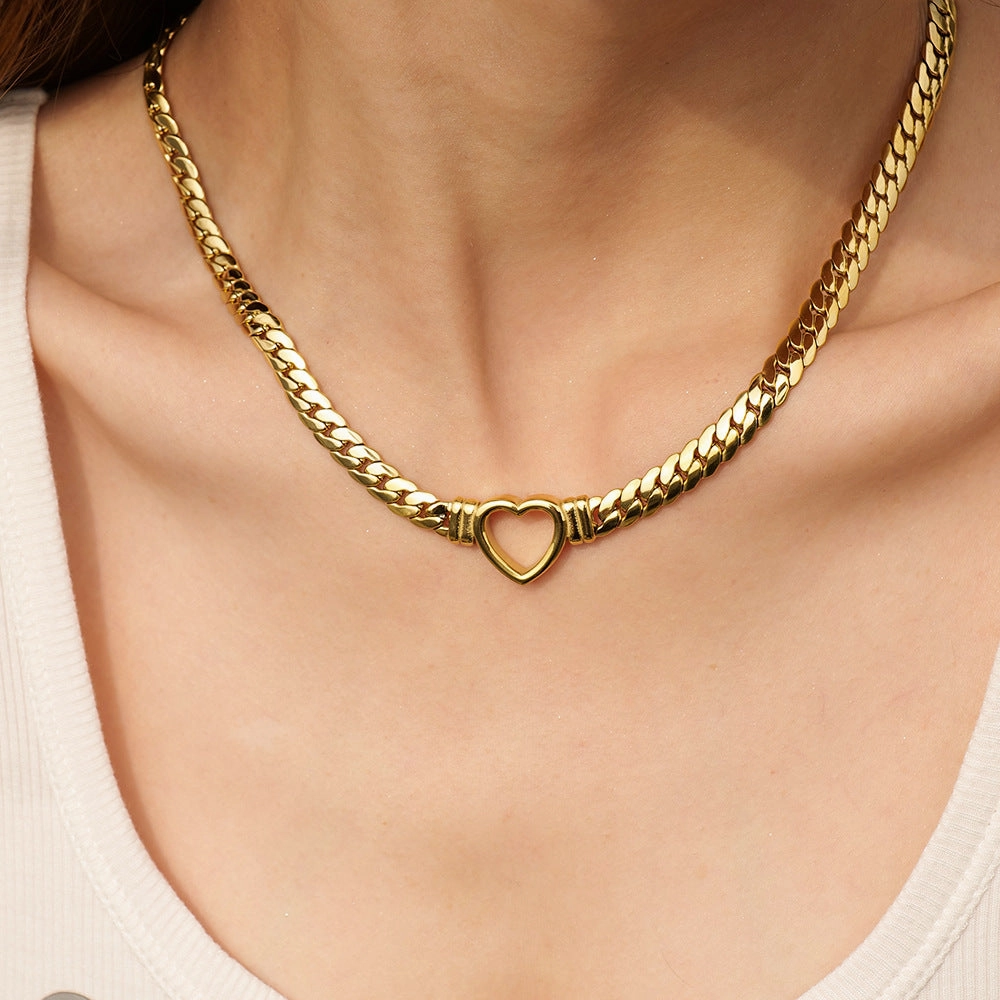 Wholesale Hip Hop Flat Cuban Chain Heart Necklace