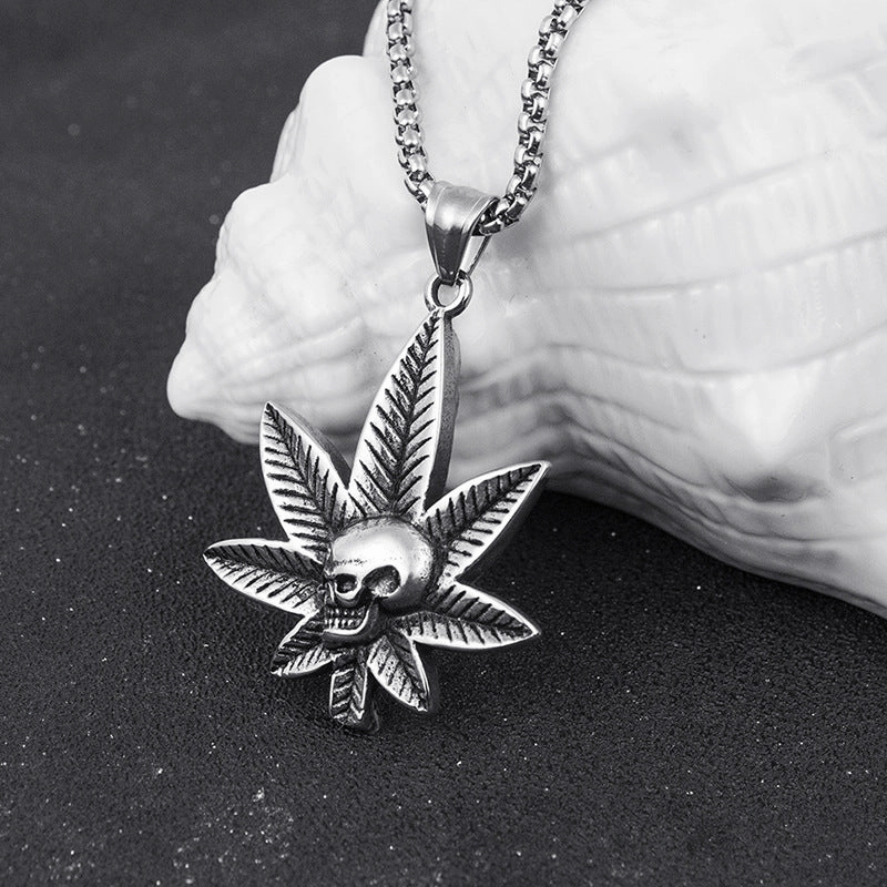 Wholesale Hip Hop Sweater Chain Maple Leaf Stainless Steel Skull Necklace