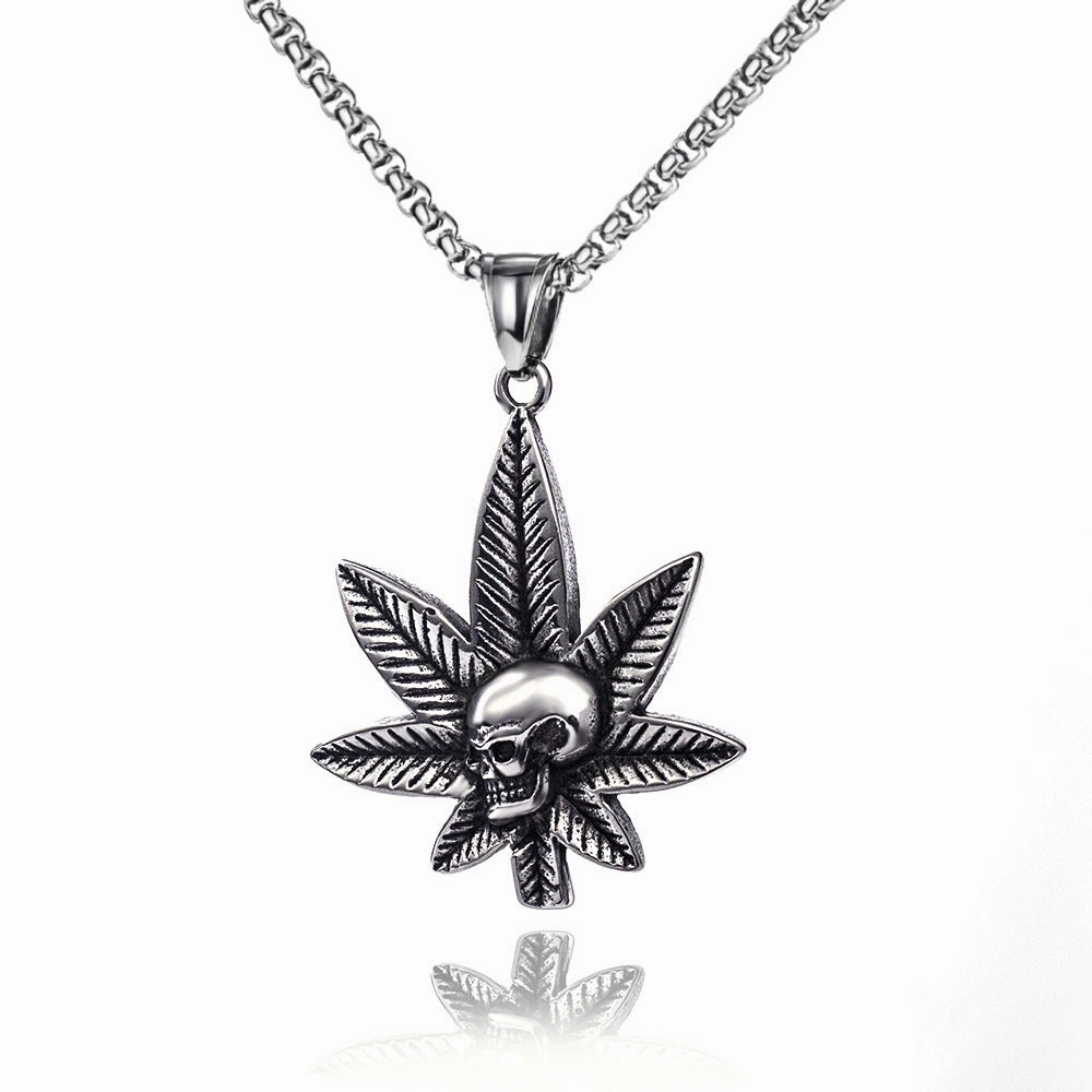 Wholesale Hip Hop Sweater Chain Maple Leaf Stainless Steel Skull Necklace