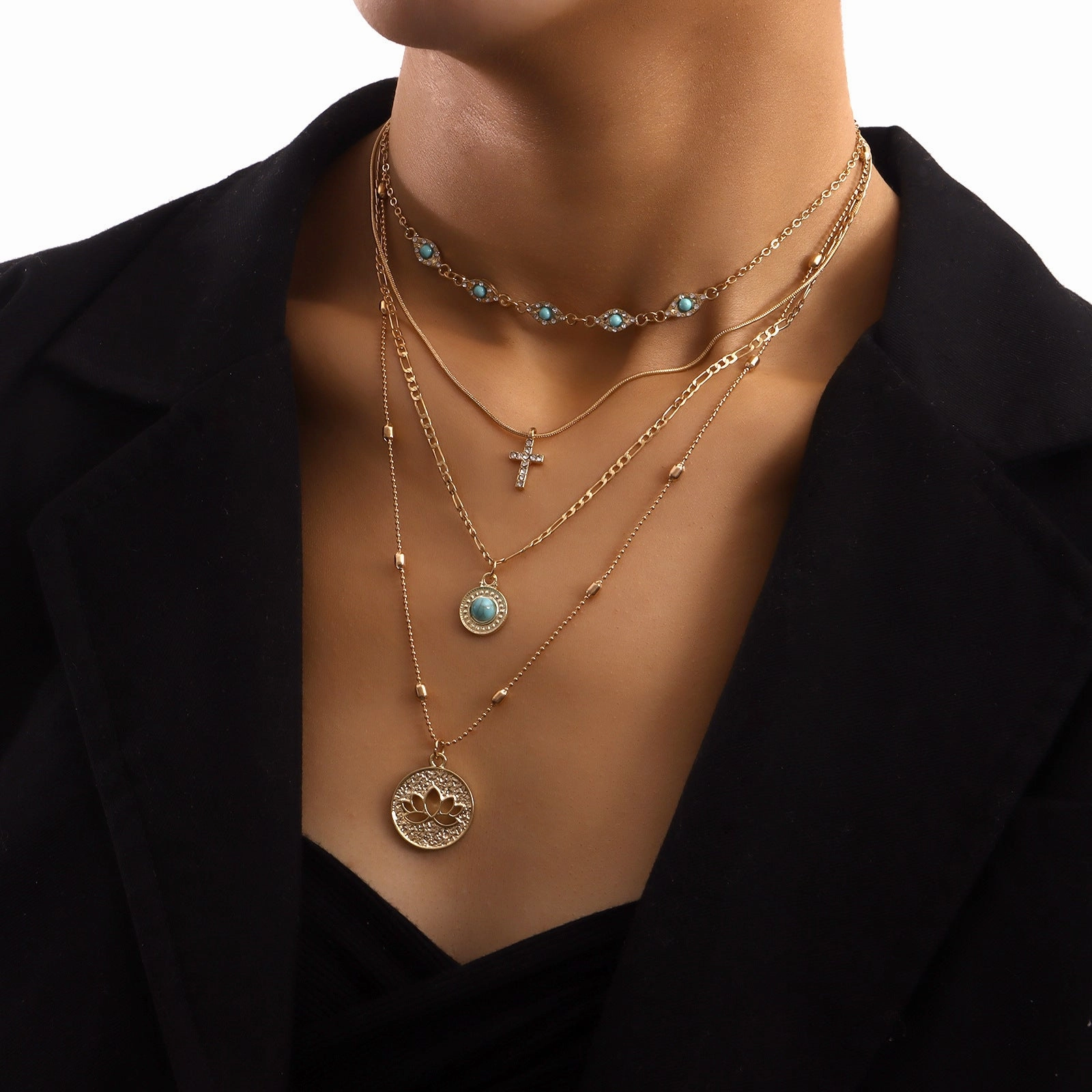 Wholesale Hollow Out Flowers Diamond Cross Alloy Necklaces