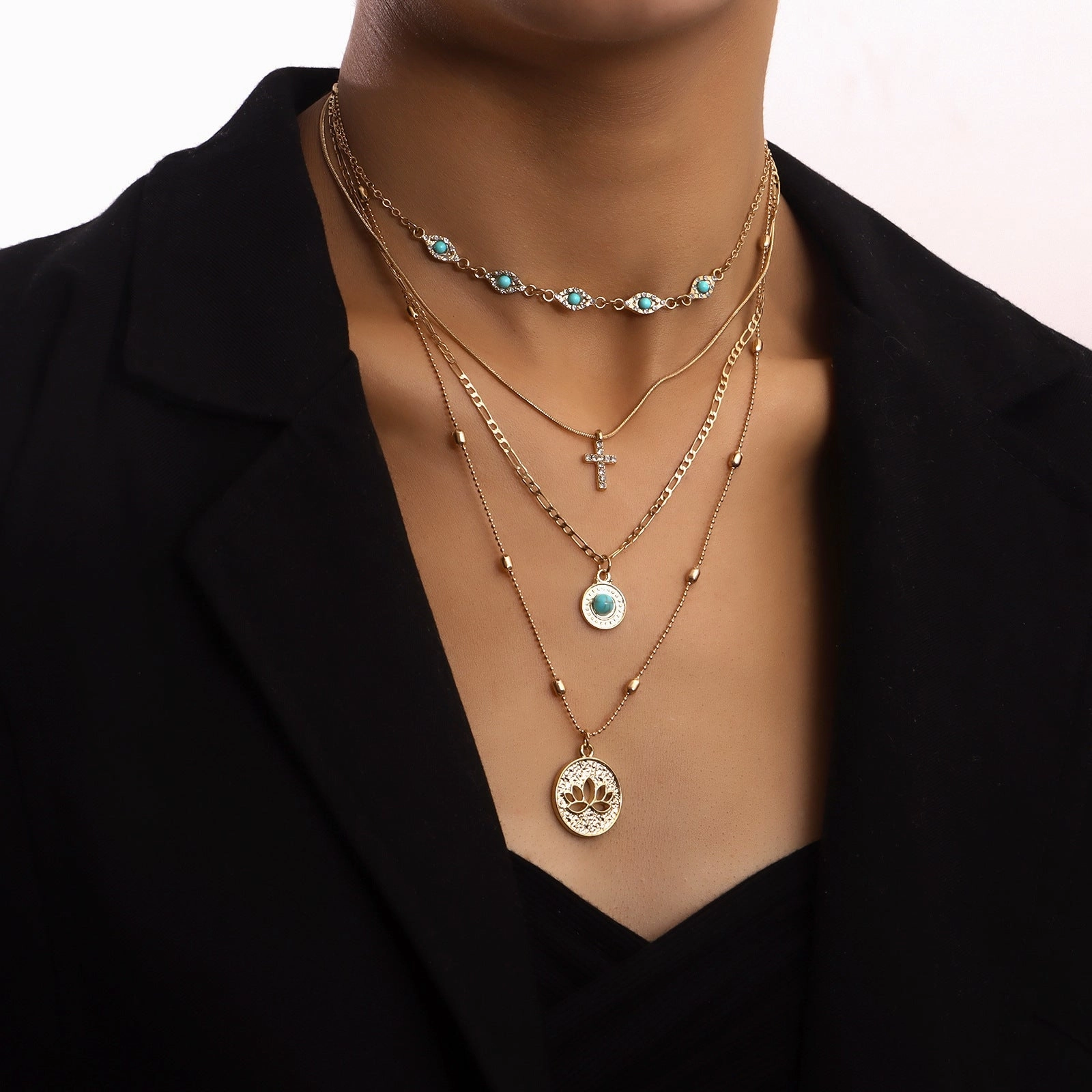 Wholesale Hollow Out Flowers Diamond Cross Alloy Necklaces