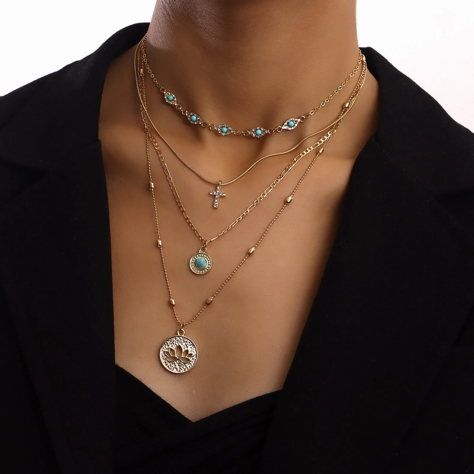 Wholesale Hollow Out Flowers Diamond Cross Alloy Necklaces