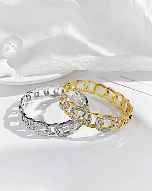 Wholesale Hollow Zircon Titanium Steel Plated 18K Gold Open Bracelet