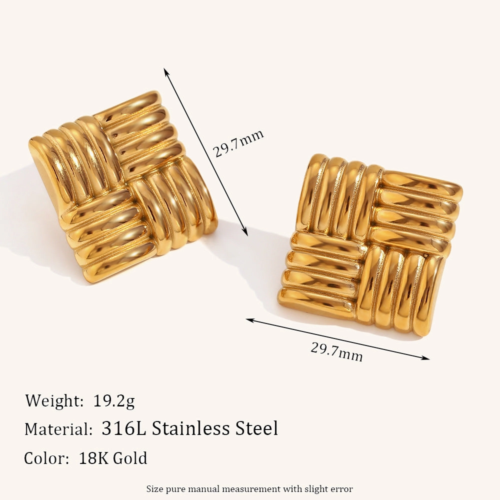 Wholesale Horizontal and Vertical Striped Square Stainless Steel Gold Plated Earrings
