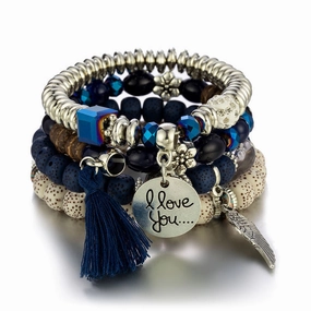 Wholesale I Love You Wings Tassel Glass Elastic Bracelet