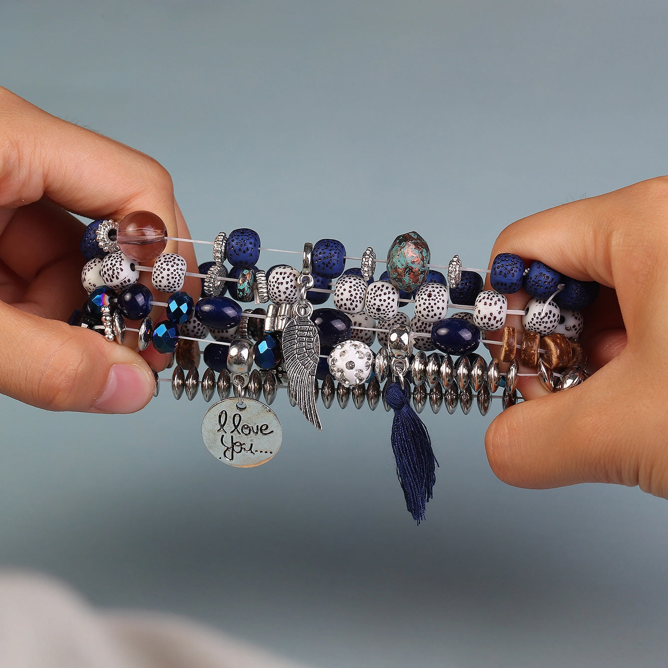 Wholesale I Love You Wings Tassel Glass Elastic Bracelet