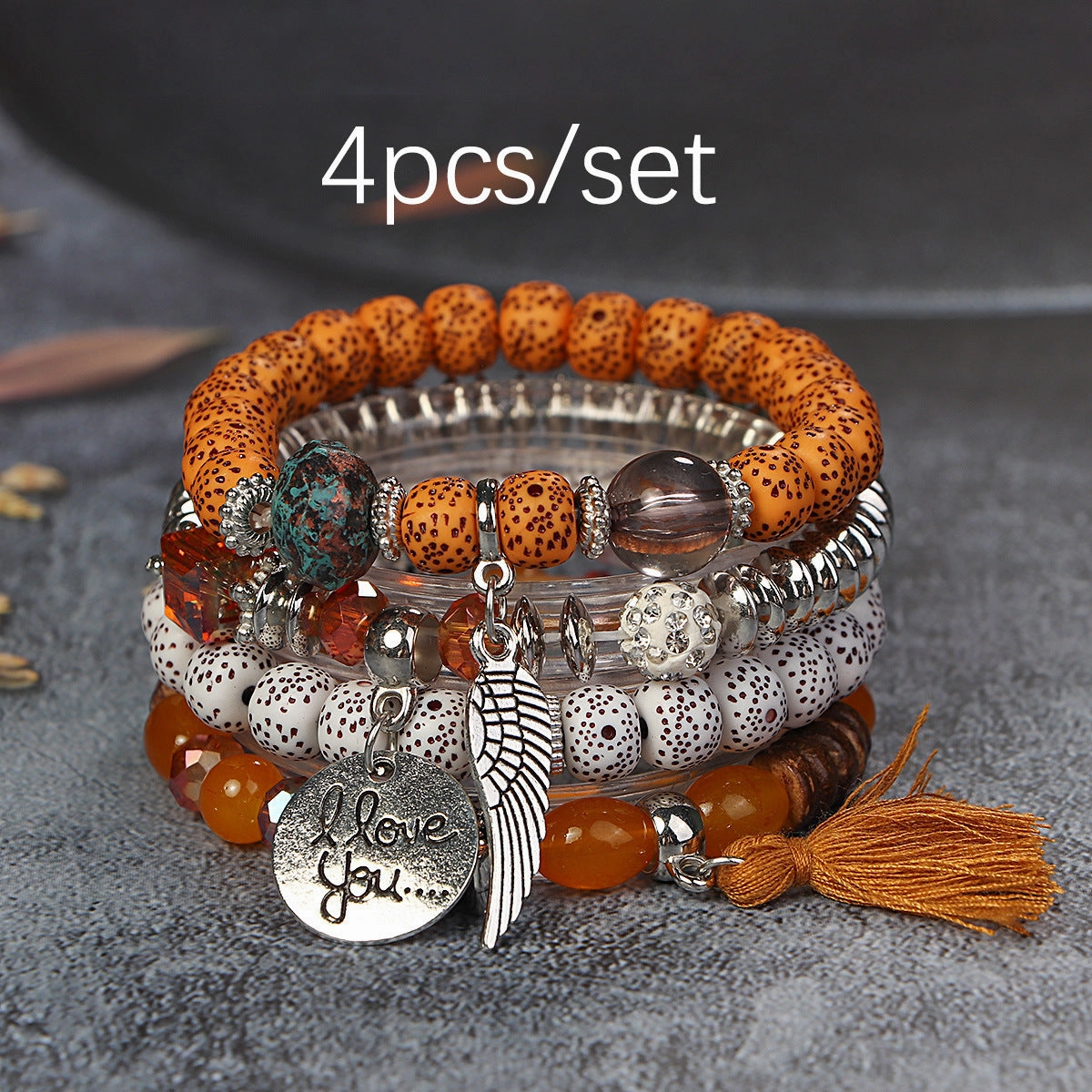 Wholesale I Love You Wings Tassel Glass Elastic Bracelet