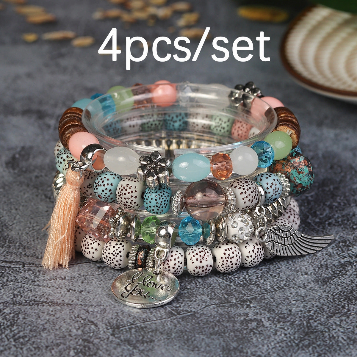 Wholesale I Love You Wings Tassel Glass Elastic Bracelet