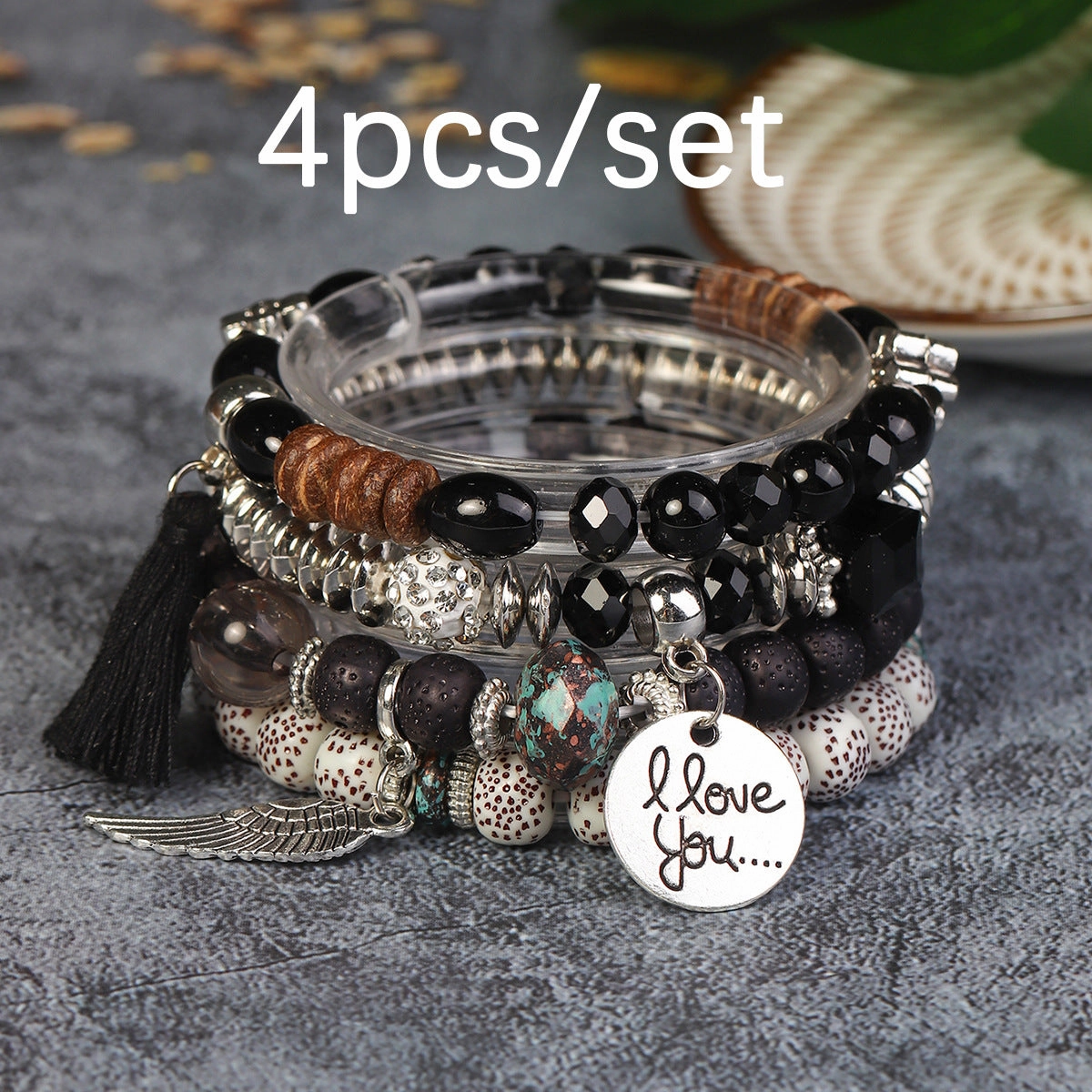 Wholesale I Love You Wings Tassel Glass Elastic Bracelet