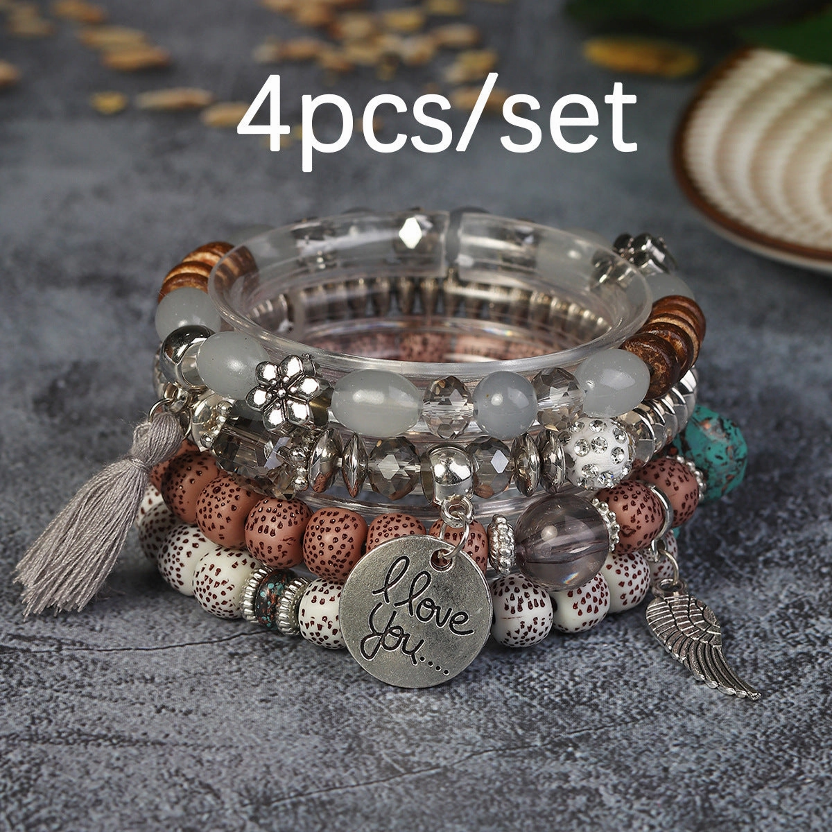 Wholesale I Love You Wings Tassel Glass Elastic Bracelet