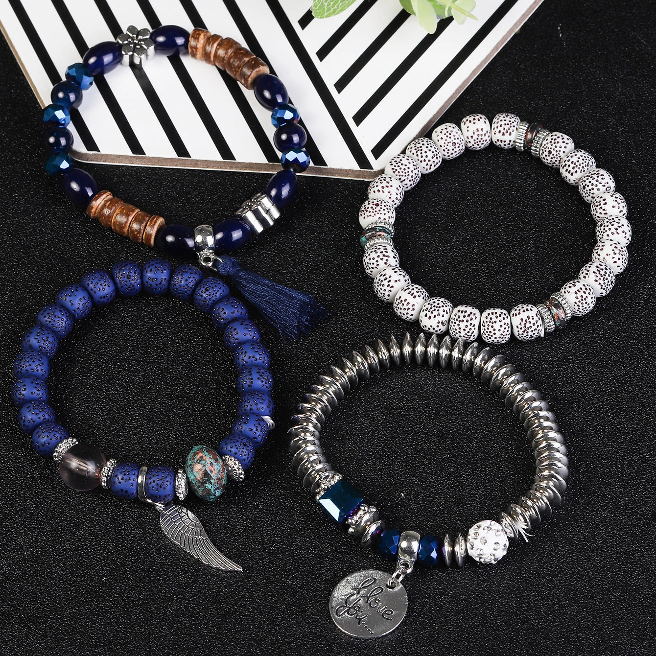 Wholesale I Love You Wings Tassel Glass Elastic Bracelet