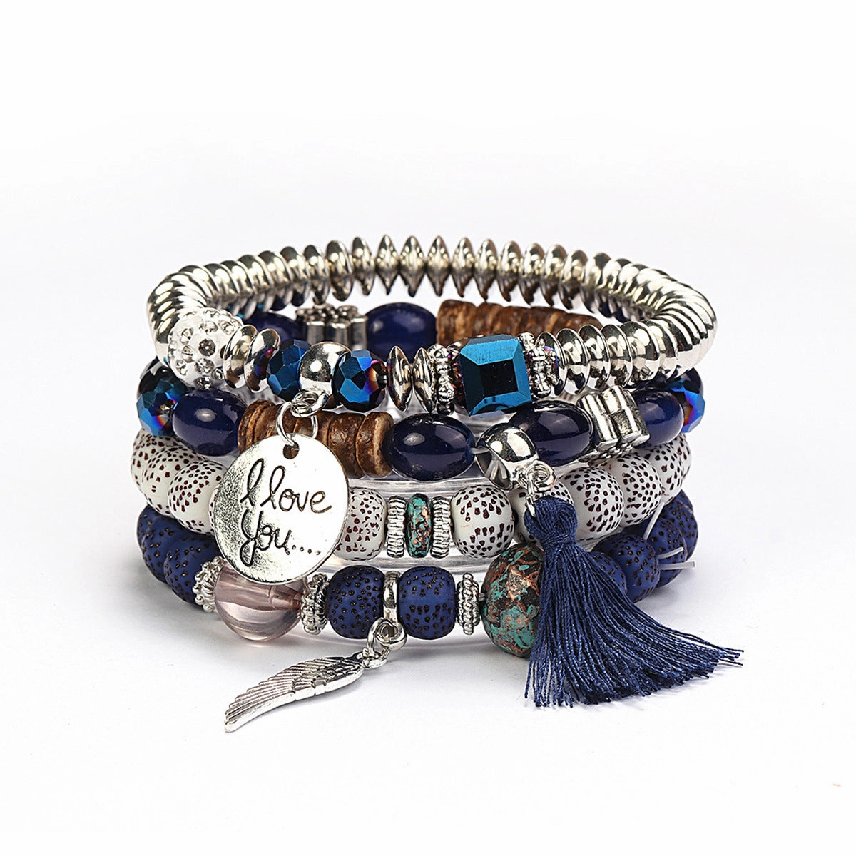 Wholesale I Love You Wings Tassel Glass Elastic Bracelet