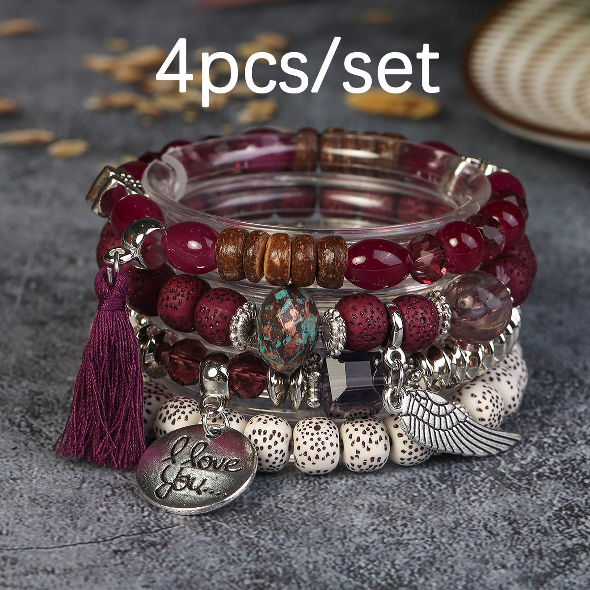 Wholesale I Love You Wings Tassel Glass Elastic Bracelet