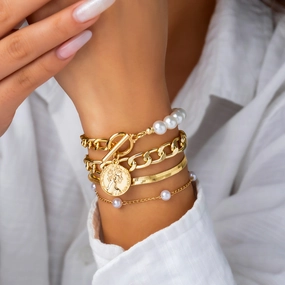 Wholesale Imitation Pearl Cross Chain Bracelet Set