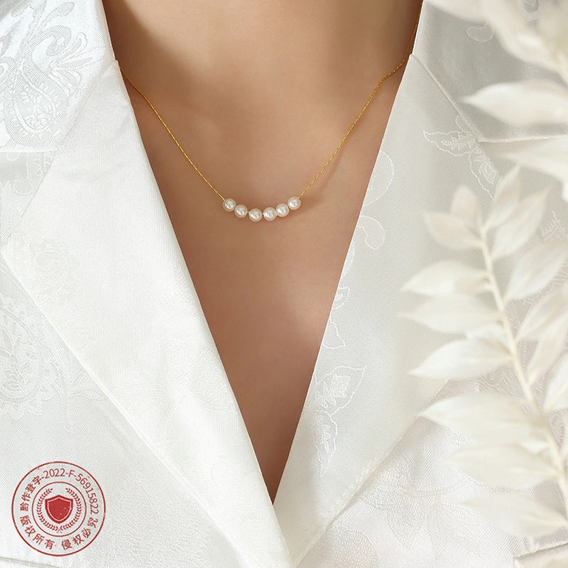 Wholesale Imitation Pearl Round Beads Titanium Steel Gold Plated Necklace