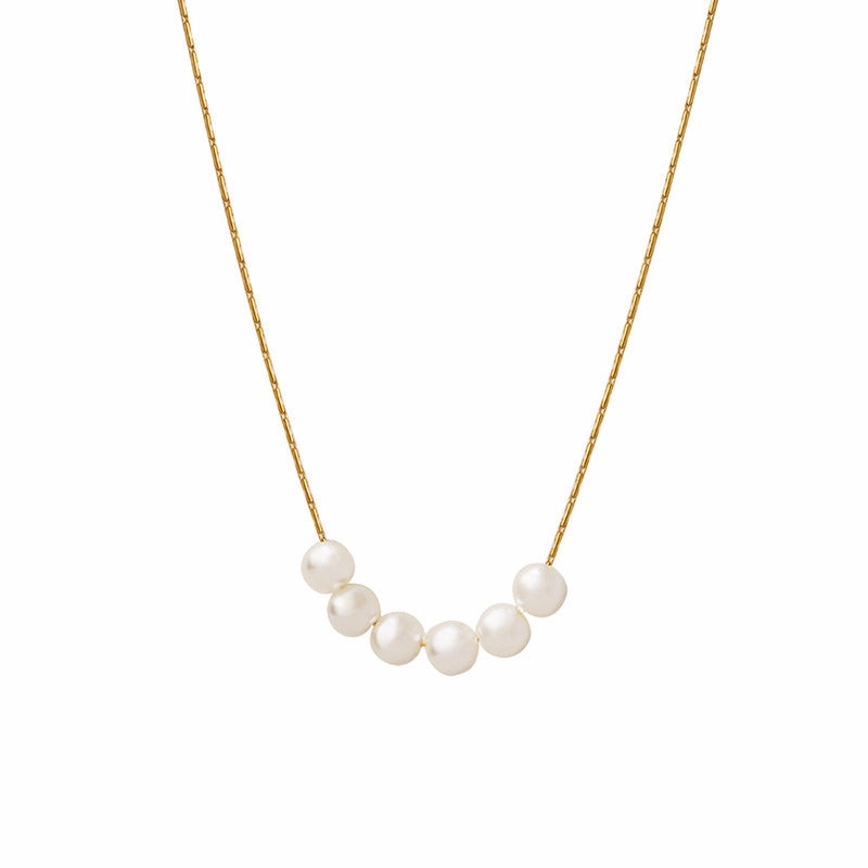 Wholesale Imitation Pearl Round Beads Titanium Steel Gold Plated Necklace