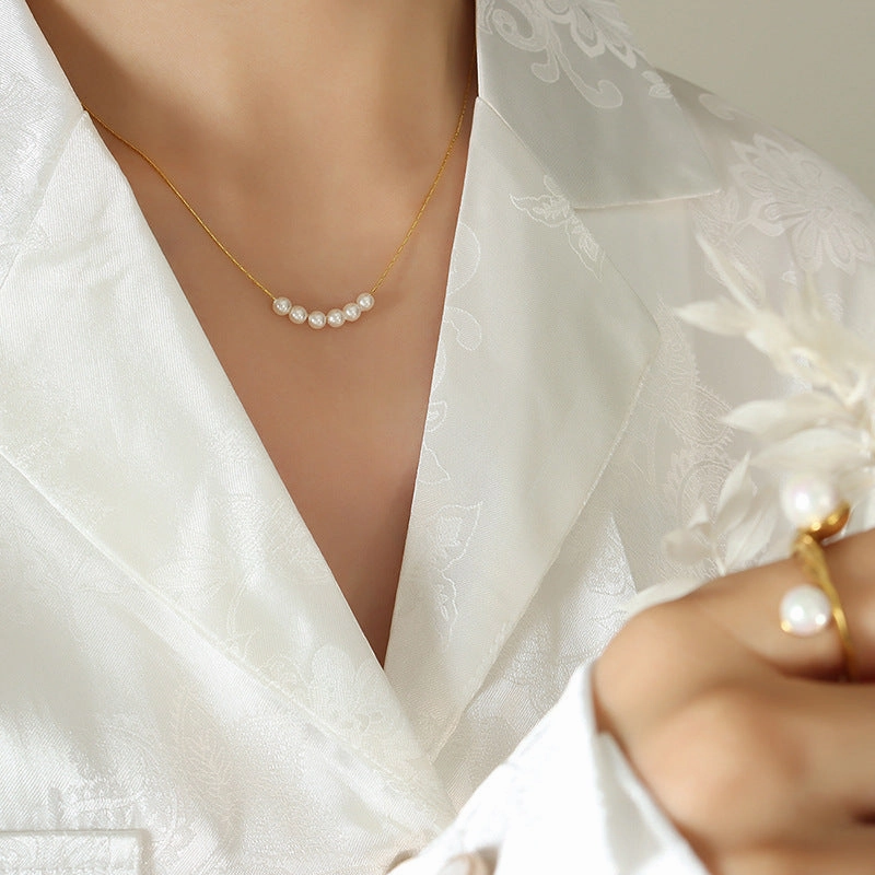 Wholesale Imitation Pearl Round Beads Titanium Steel Gold Plated Necklace