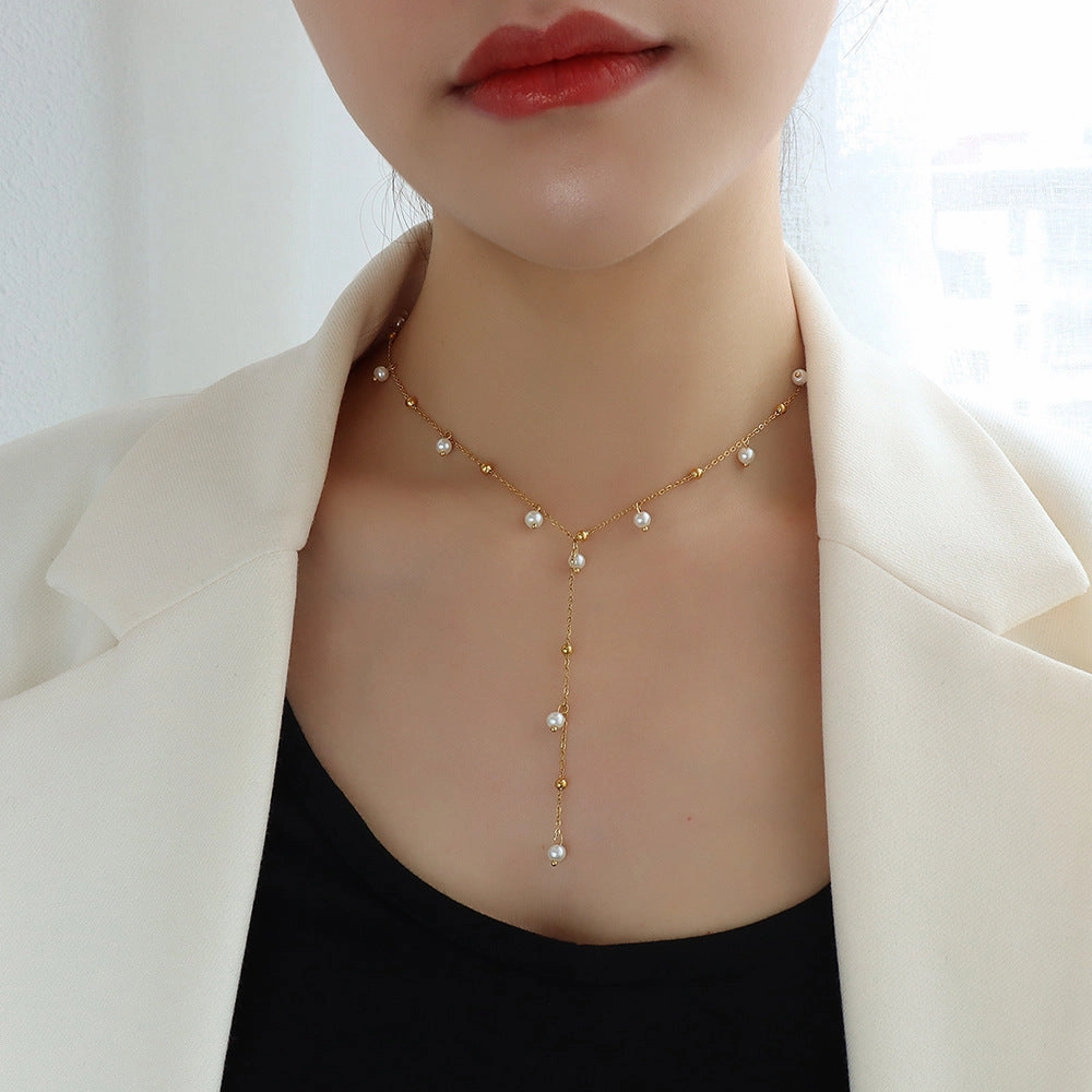 Wholesale Imitation Pearl Titanium Steel Titanium Steel Plated 18k Gold Tassel Necklace