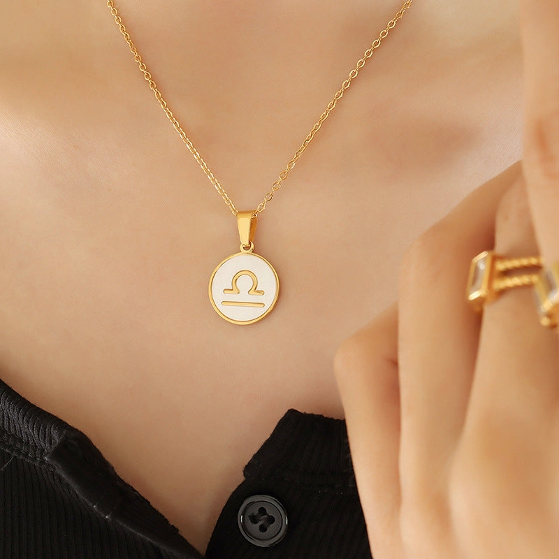 Wholesale Inlaid White Seashell Zodiac Pendant Plated 18K Real Gold Necklaces