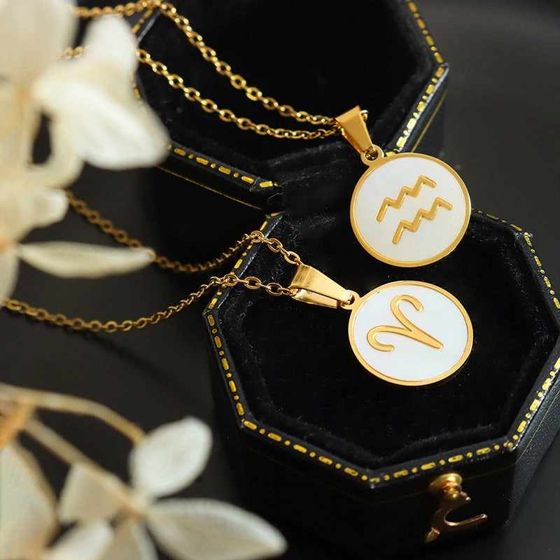 Wholesale Inlaid White Seashell Zodiac Pendant Plated 18K Real Gold Necklaces