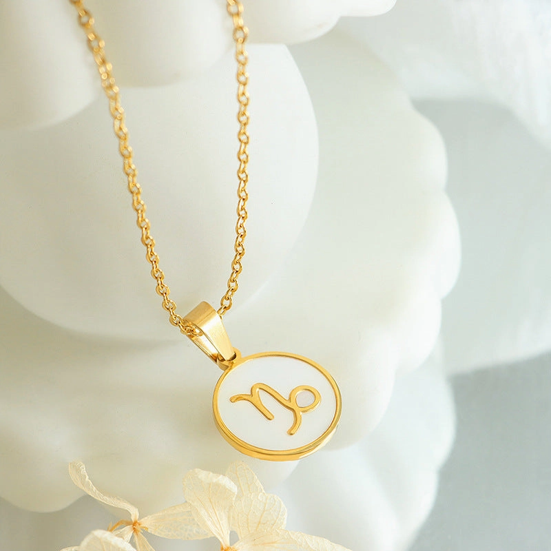 Wholesale Inlaid White Seashell Zodiac Pendant Plated 18K Real Gold Necklaces