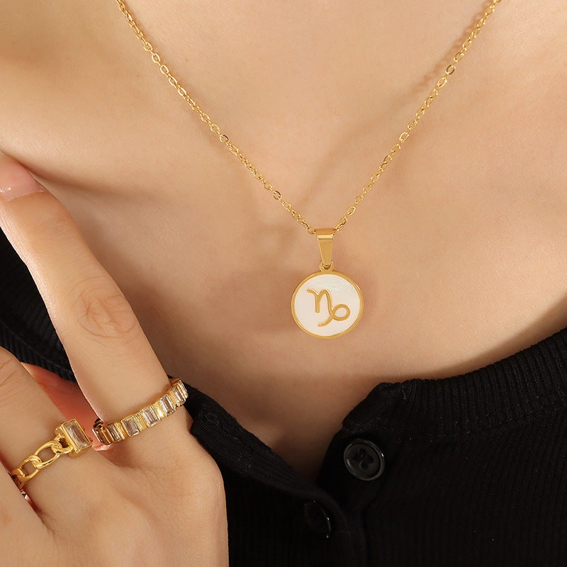 Wholesale Inlaid White Seashell Zodiac Pendant Plated 18K Real Gold Necklaces