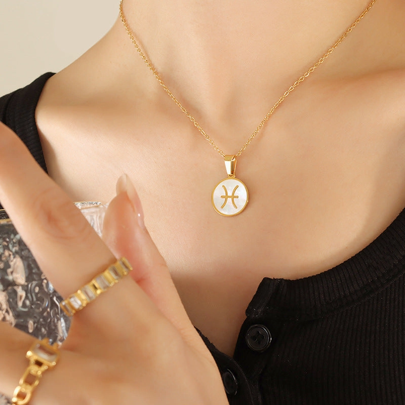 Wholesale Inlaid White Seashell Zodiac Pendant Plated 18K Real Gold Necklaces