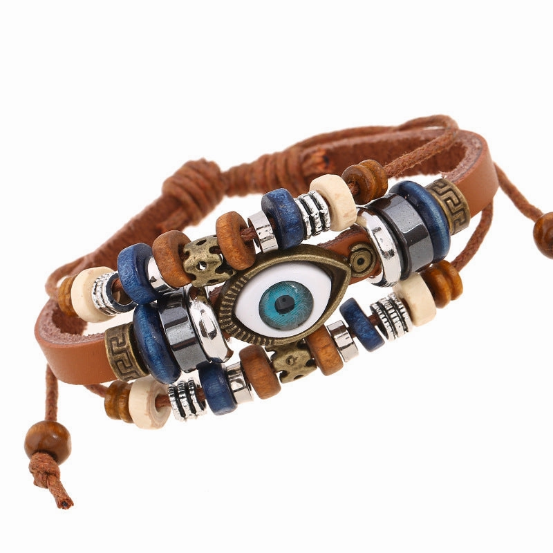 Wholesale Jewelry Beaded Eyes Leather Bracelet