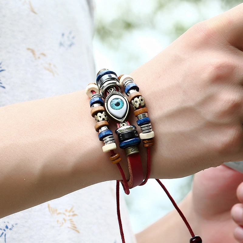 Wholesale Jewelry Beaded Eyes Leather Bracelet