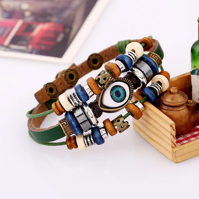 Wholesale Jewelry Beaded Eyes Leather Bracelet