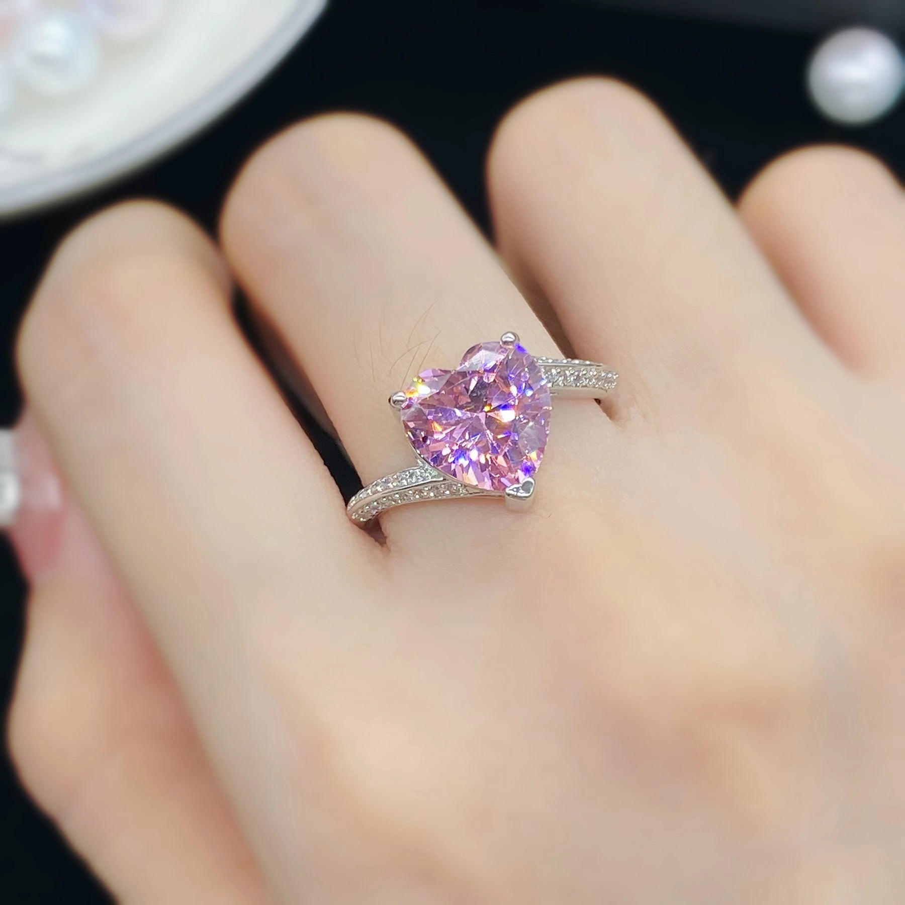 Wholesale Jewelry Pink Heart Zircon Copper Rings