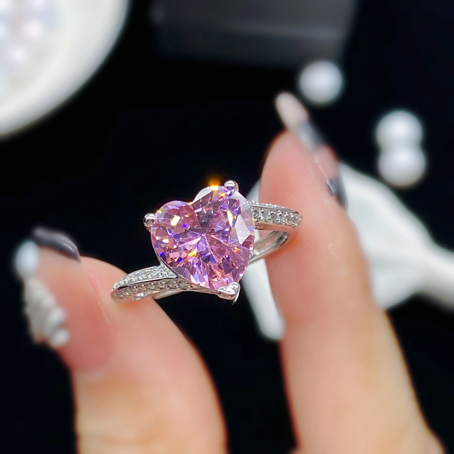 Wholesale Jewelry Pink Heart Zircon Copper Rings