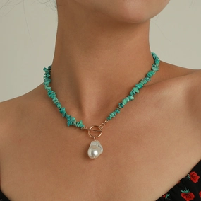 Wholesale Large Shaped Pearl OT Buckle Green Turquoise Necklaces