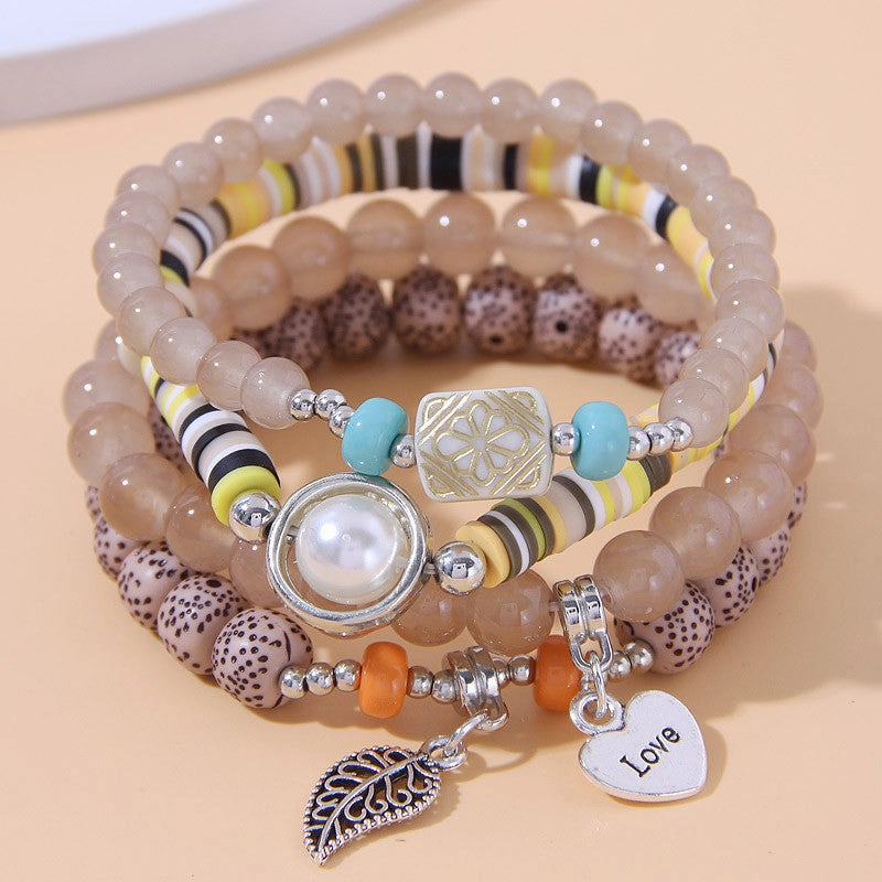 Wholesale Leaf Love Heart Pendant Alloy Multilayer Bracelet