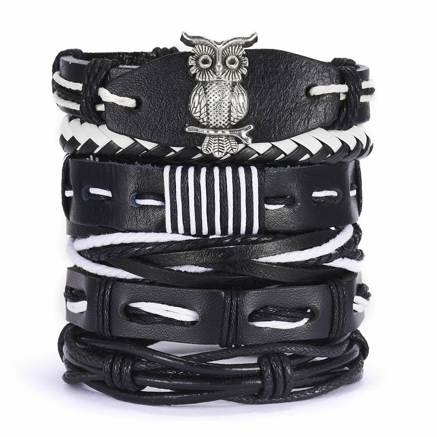 Wholesale Leaves Wooden Beads Weaving Leather Adjustable Set Bracelet