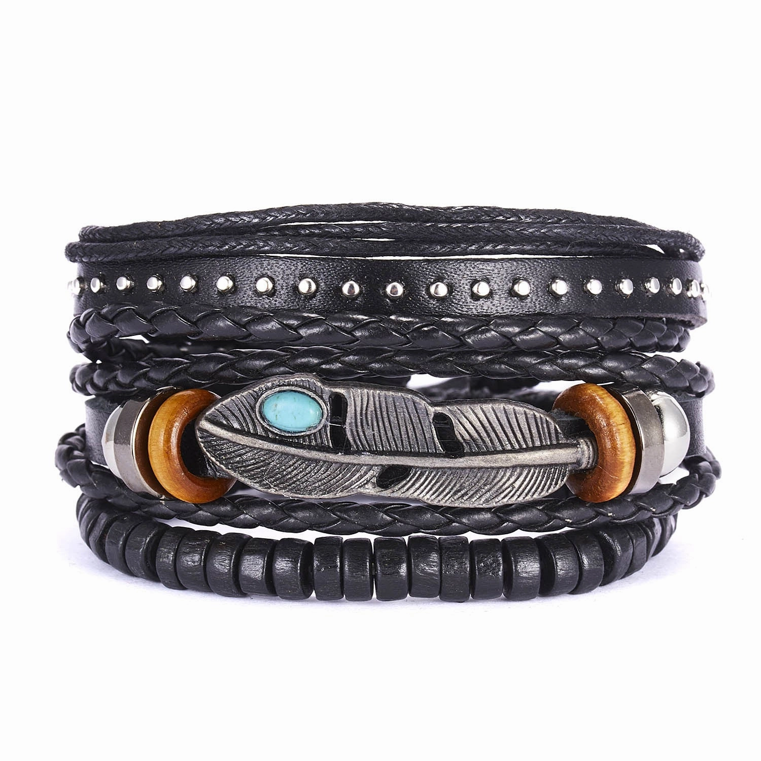 Wholesale Leaves Wooden Beads Weaving Leather Adjustable Set Bracelet