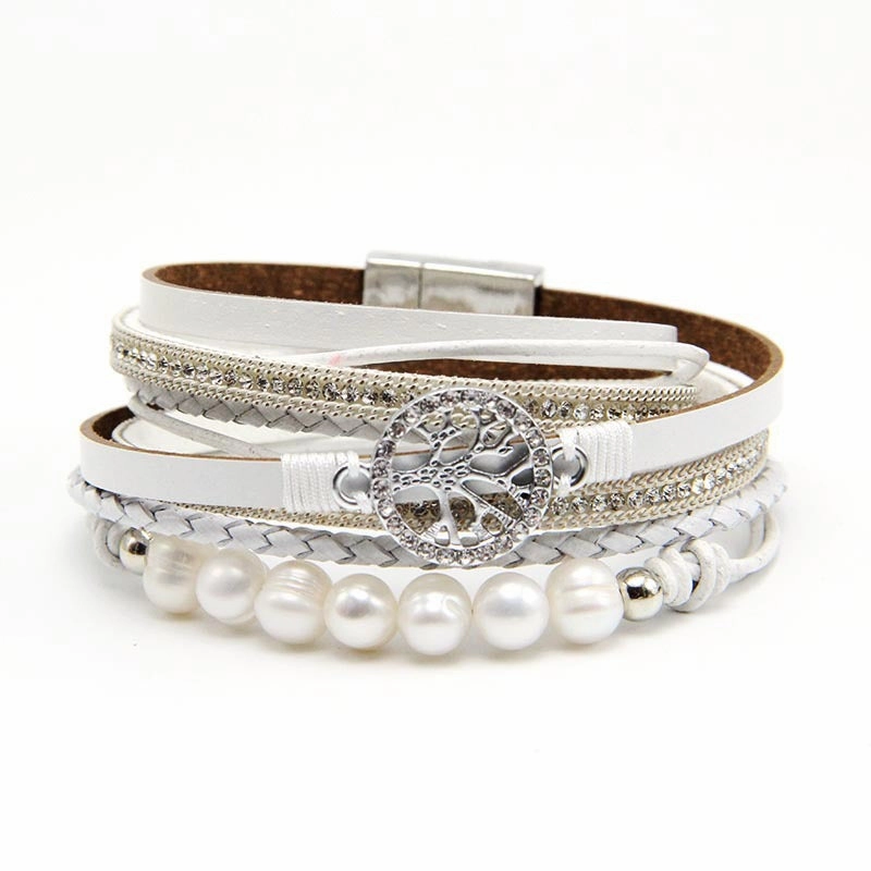 Wholesale Life Tree Cowhide Pearl Magnetic Buckle Bracelet