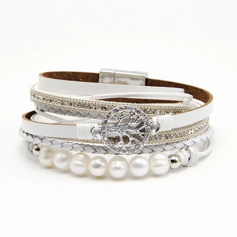 Wholesale Life Tree Cowhide Pearl Magnetic Buckle Bracelet
