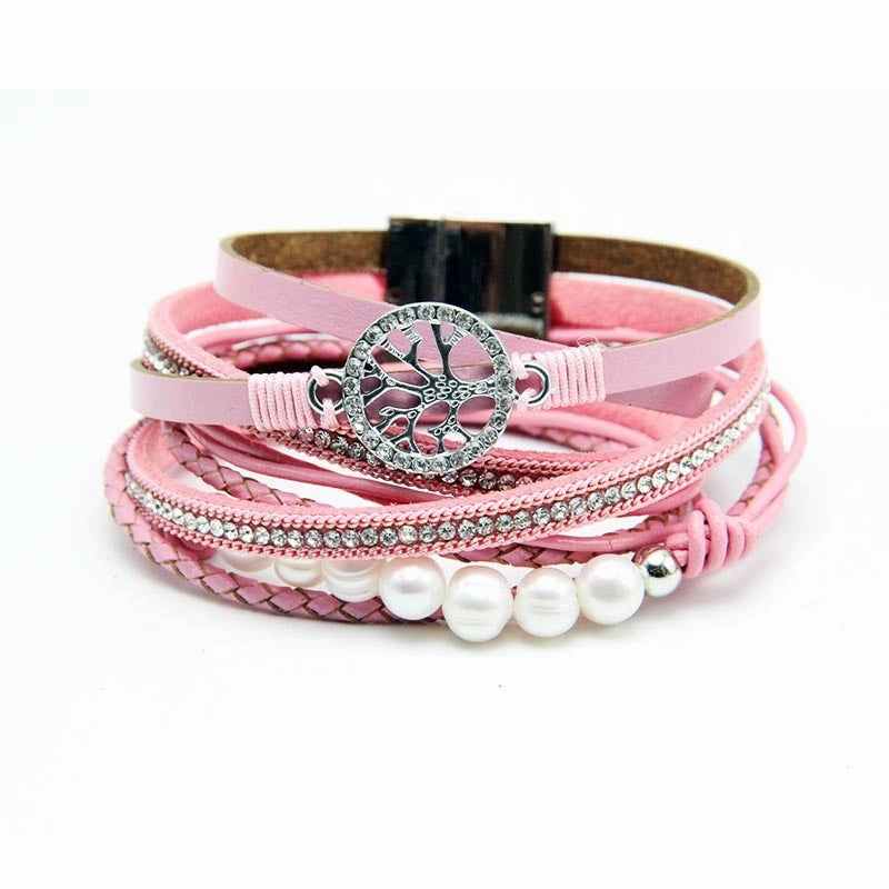 Wholesale Life Tree Cowhide Pearl Magnetic Buckle Bracelet