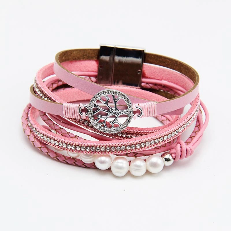 Wholesale Life Tree Cowhide Pearl Magnetic Buckle Bracelet