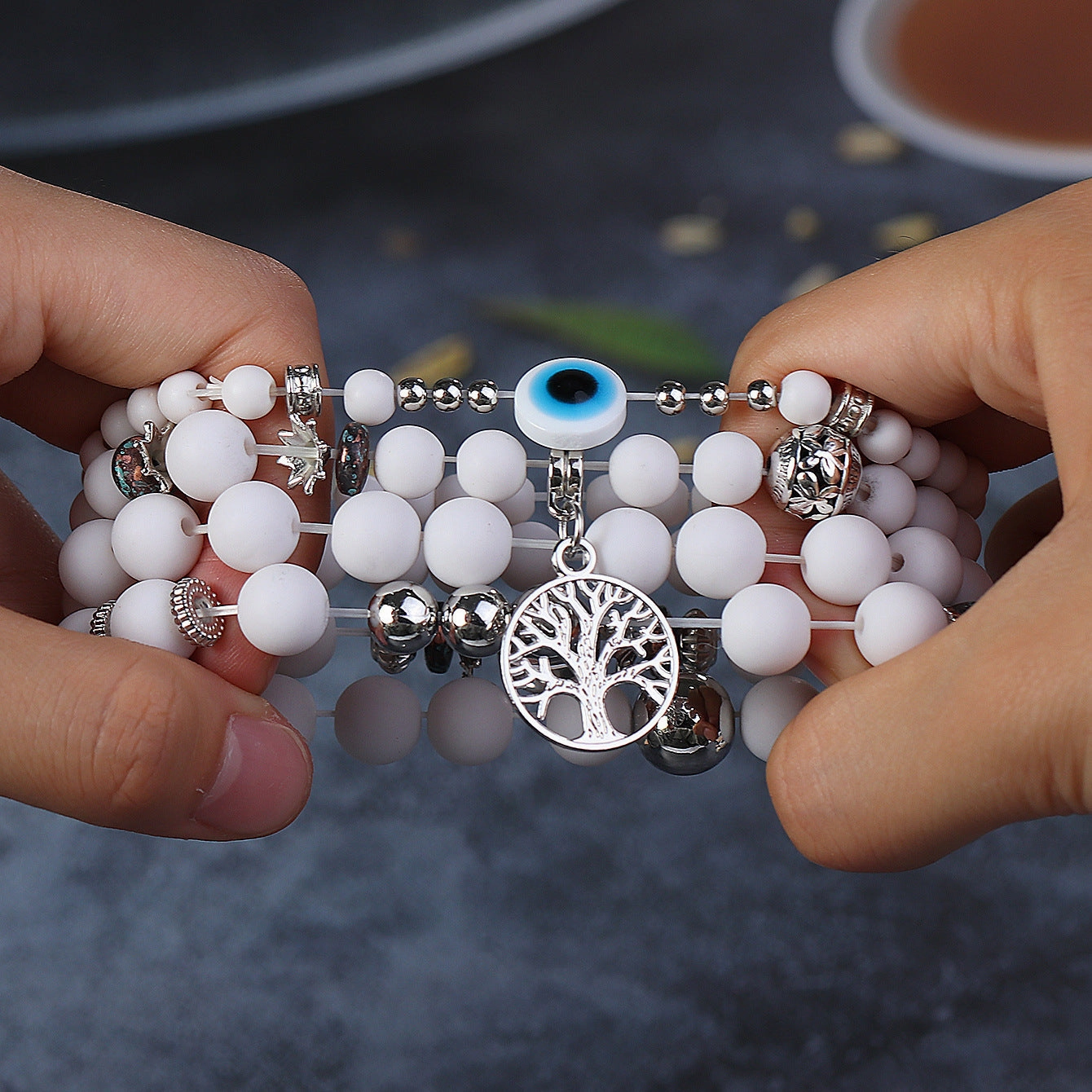 Wholesale Life Tree Demon Eye Multi Layered Pendant Glass Elastic Bracelet