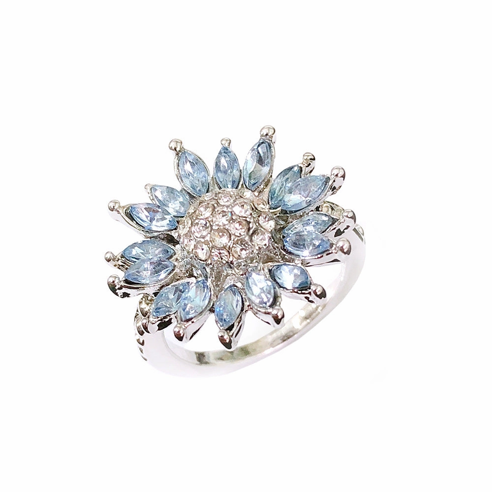 Wholesale Light Blue Zircon Sunflower Metal Rings