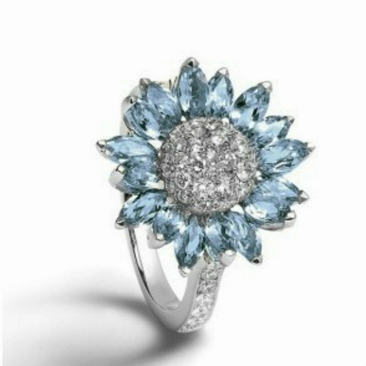 Wholesale Light Blue Zircon Sunflower Metal Rings