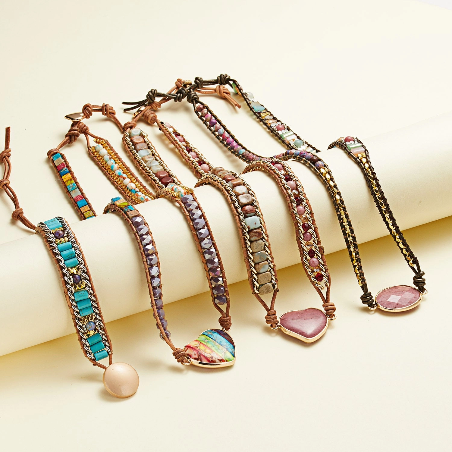 Wholesale Love Leather Colorful Stone Metal Wrapped Bracelets