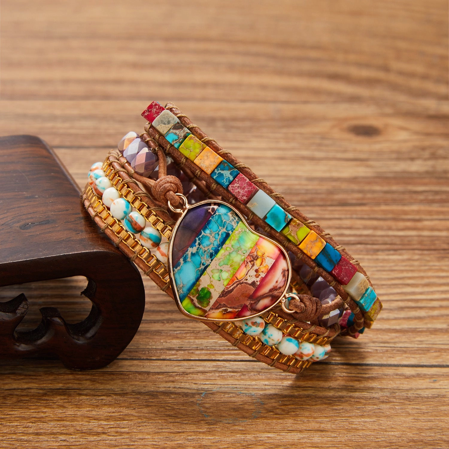 Wholesale Love Leather Colorful Stone Metal Wrapped Bracelets