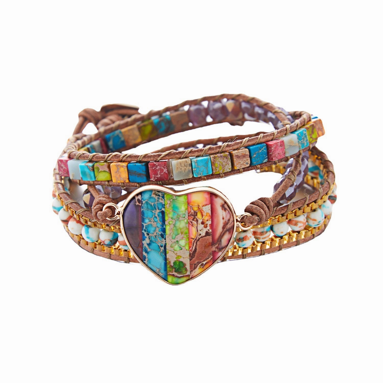 Wholesale Love Leather Colorful Stone Metal Wrapped Bracelets